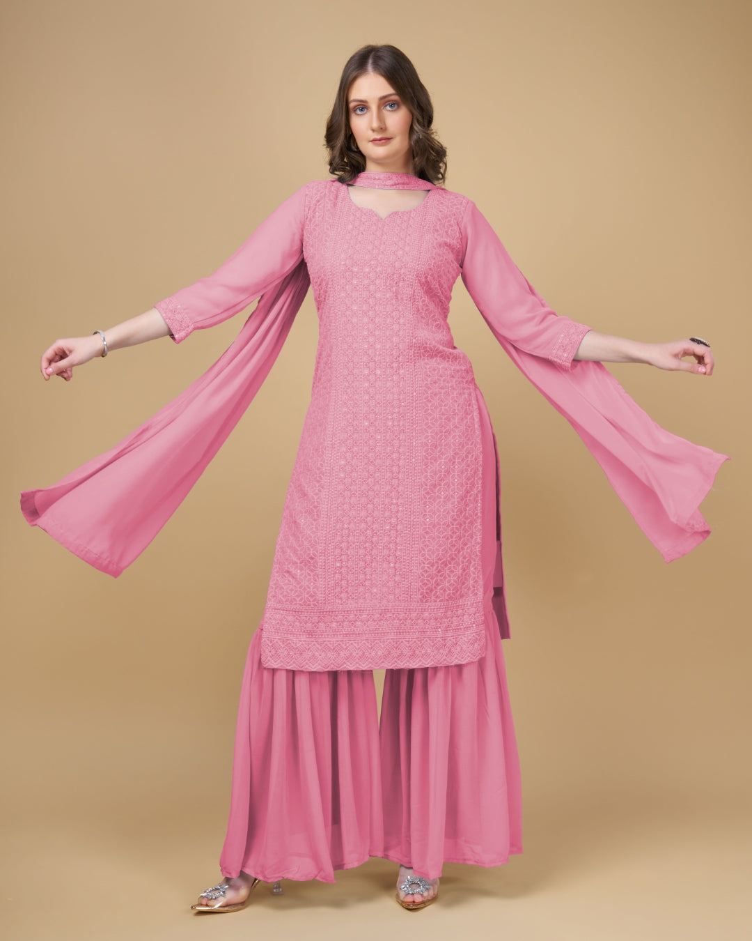 Stunning Faux Georgette Sharara Kurti Dupatta Set - Embroidered Elegance