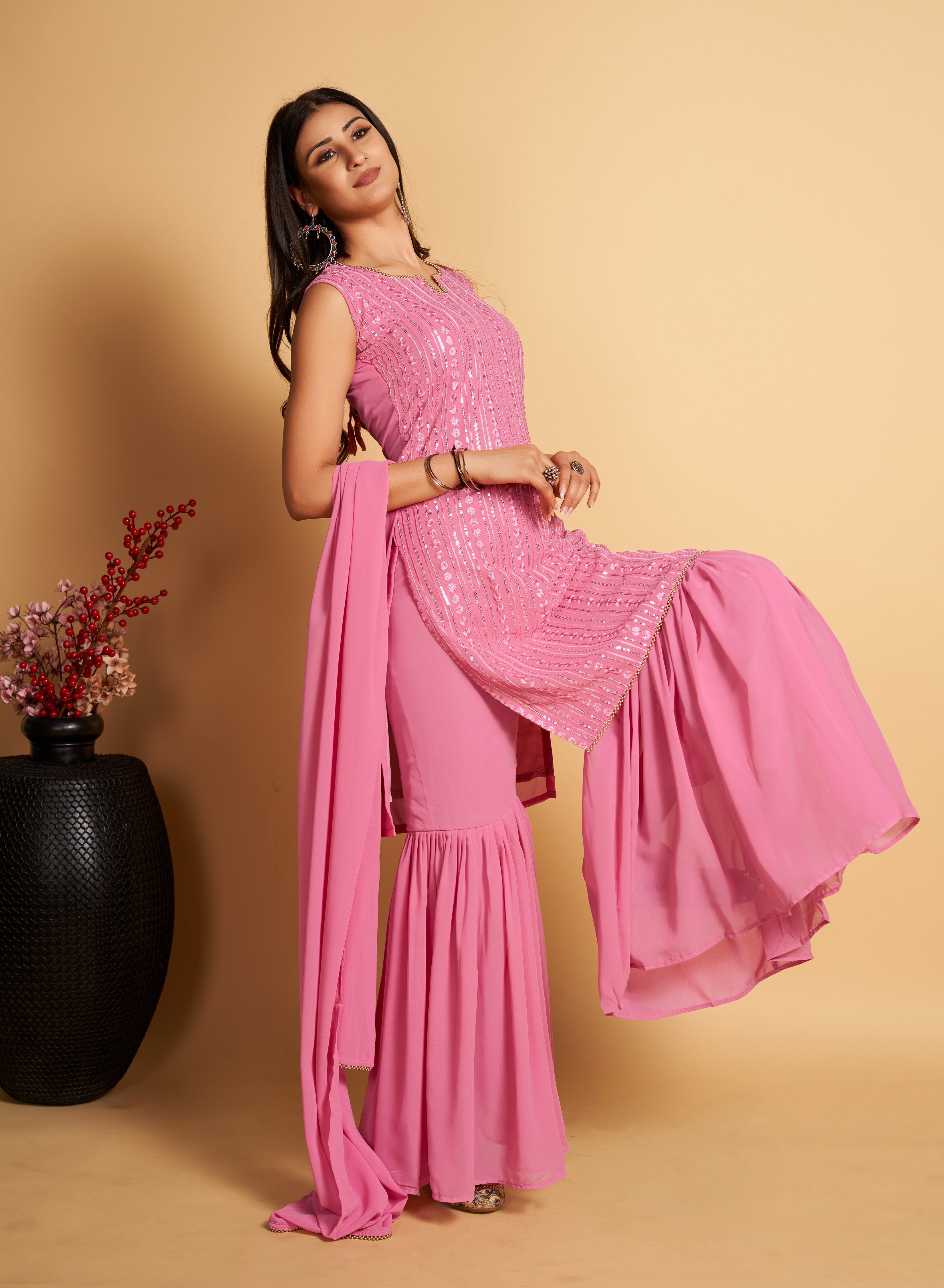 Stunning Pink Designer Sharara Kurti Dupatta Set - Embroidered Faux Georgette & Georgette