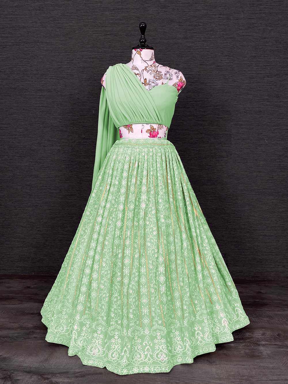 Pista Color Lucknowi Thread Work Georgette Party Wear Lehenga Choli Set