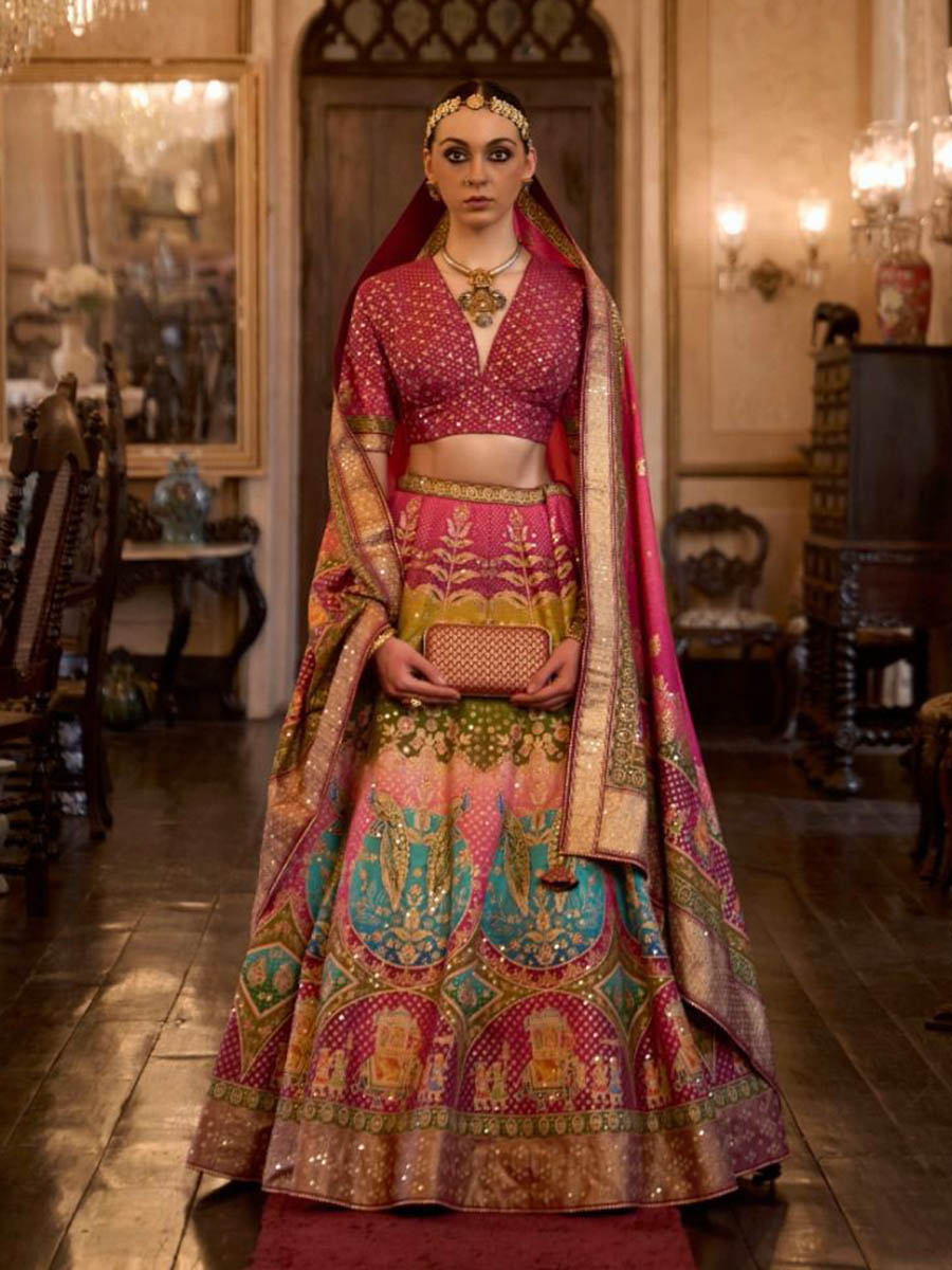 Multicolour Rajwadi Silk Mirror work Bridal Designer Lehenga