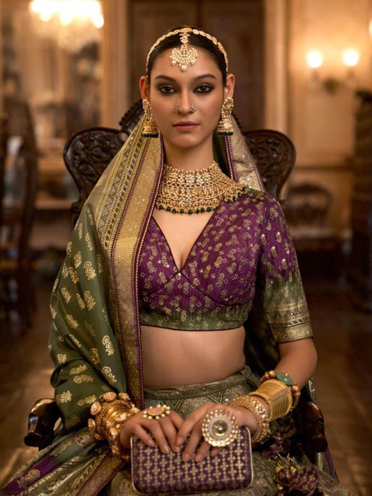 मल्टीकलर रजवाड़ी सिल्क मिरर वर्क ब्राइडल डिज़ाइनर लहंगा