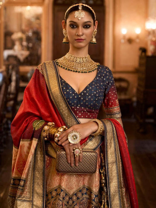 मल्टीकलर रजवाड़ी सिल्क मिरर वर्क ब्राइडल डिज़ाइनर लहंगा