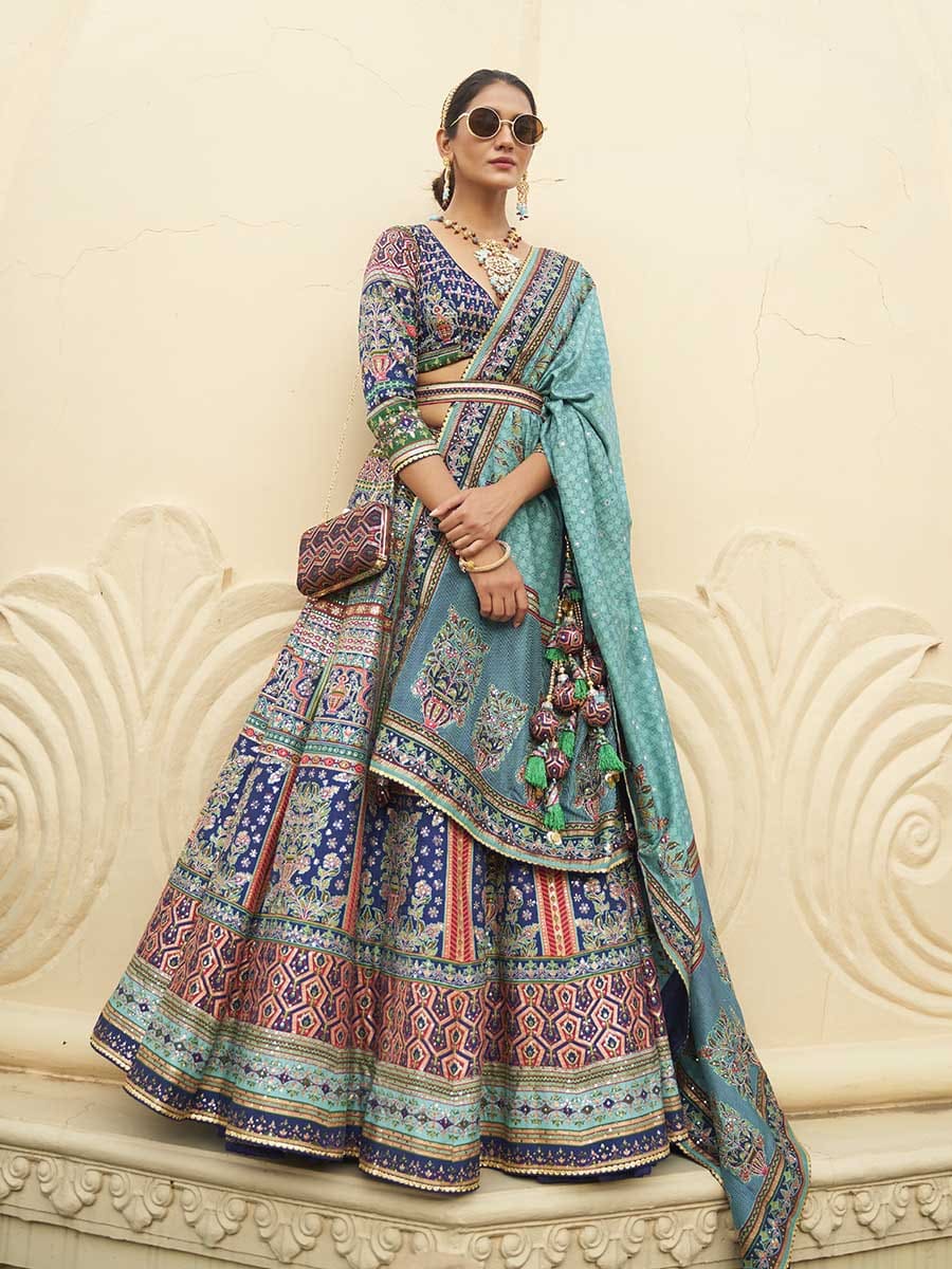 Multicolour Rajwadi Silk Mirror work Bridal Designer Lehenga