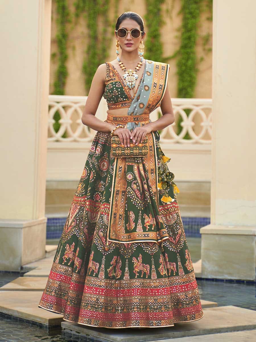 Multicolour Rajwadi Silk Mirror work Bridal Designer Lehenga