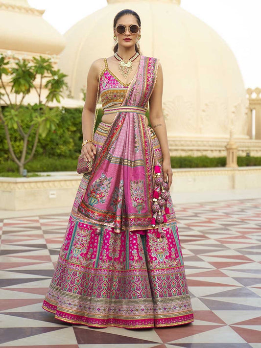 मल्टीकलर रजवाड़ी सिल्क मिरर वर्क ब्राइडल डिज़ाइनर लहंगा