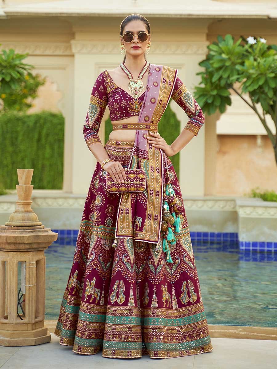 Multicolour Rajwadi Silk Mirror work Bridal Designer Lehenga