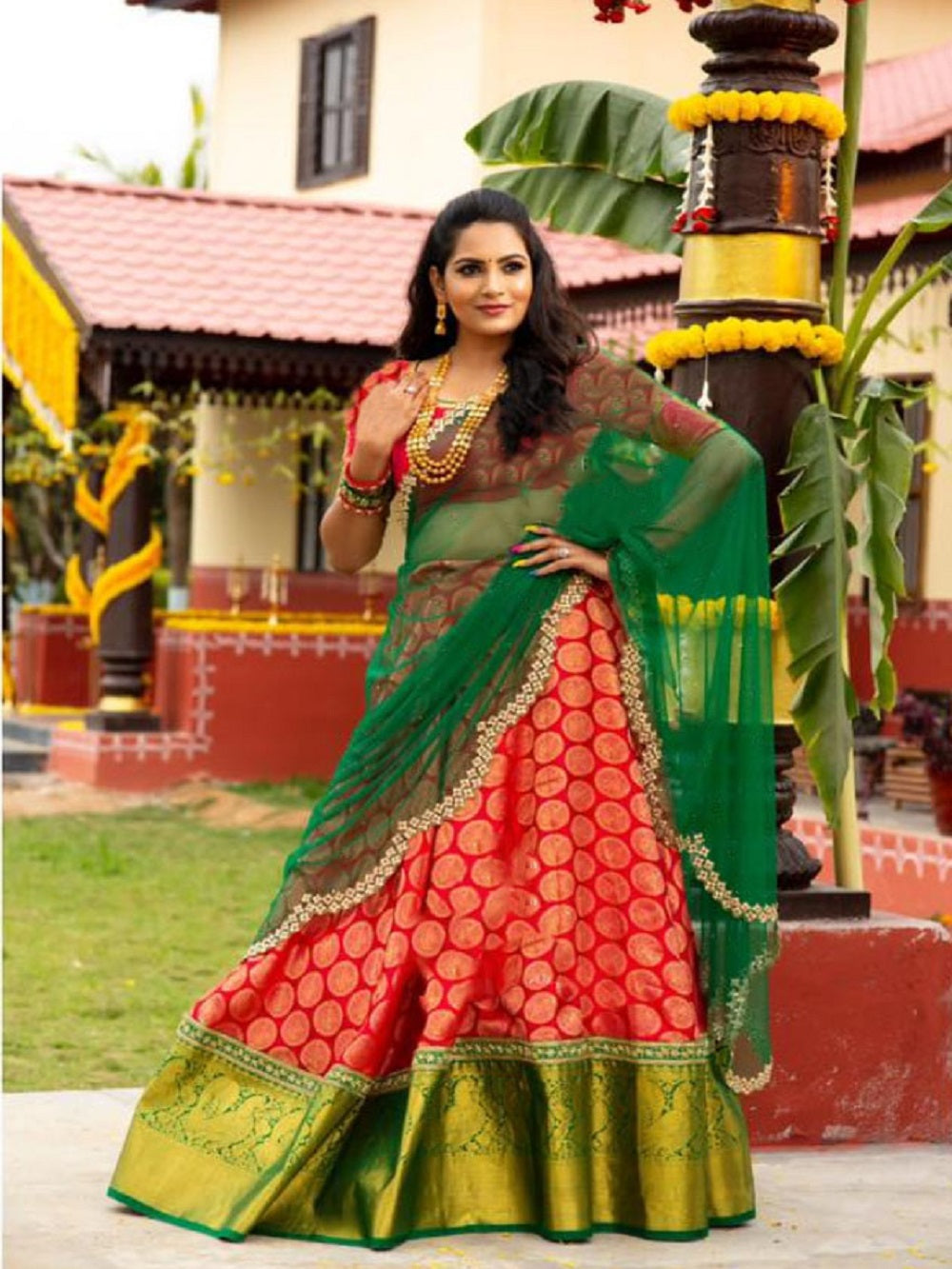 Red Color Jacquard Half Saree Set Lehenga Choli