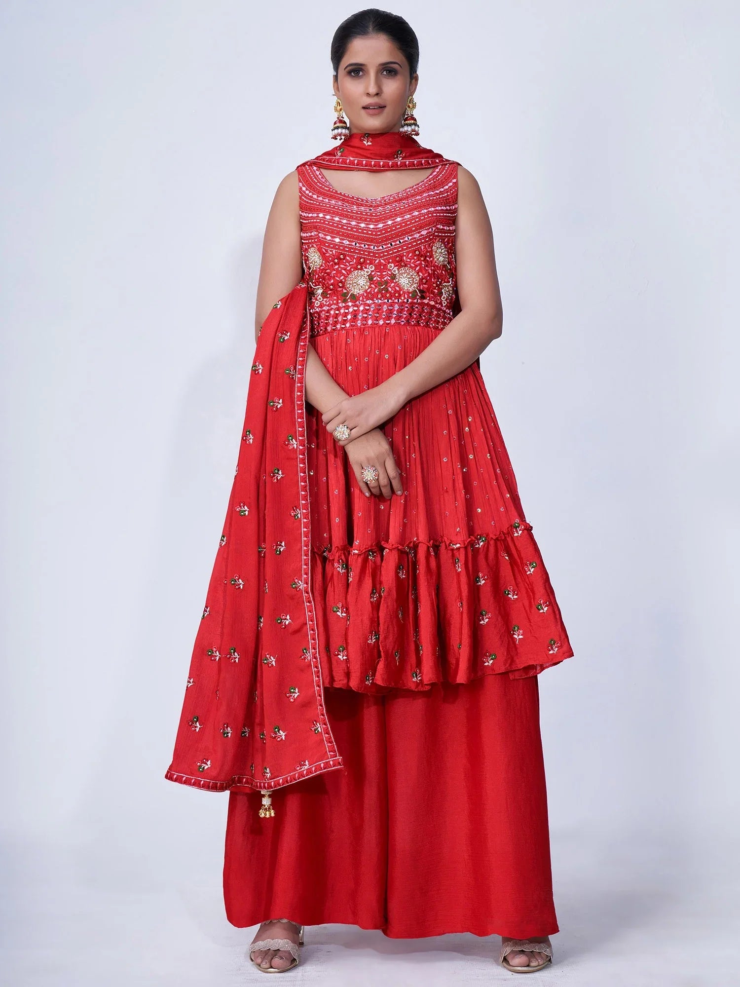 Red Mirror Work Multi Embroidery Chiffon Palazzo Suit