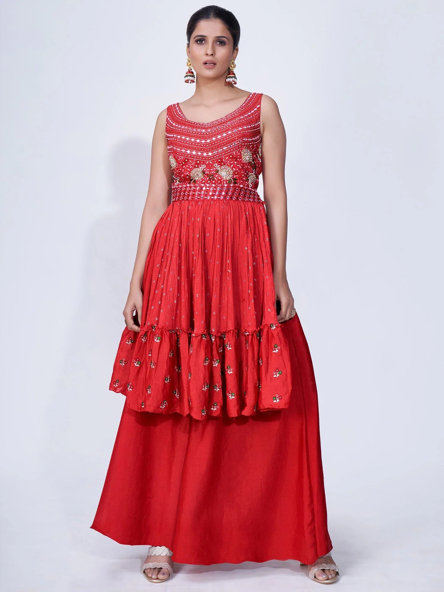 Red Mirror Work Multi Embroidery Chiffon Palazzo Suit