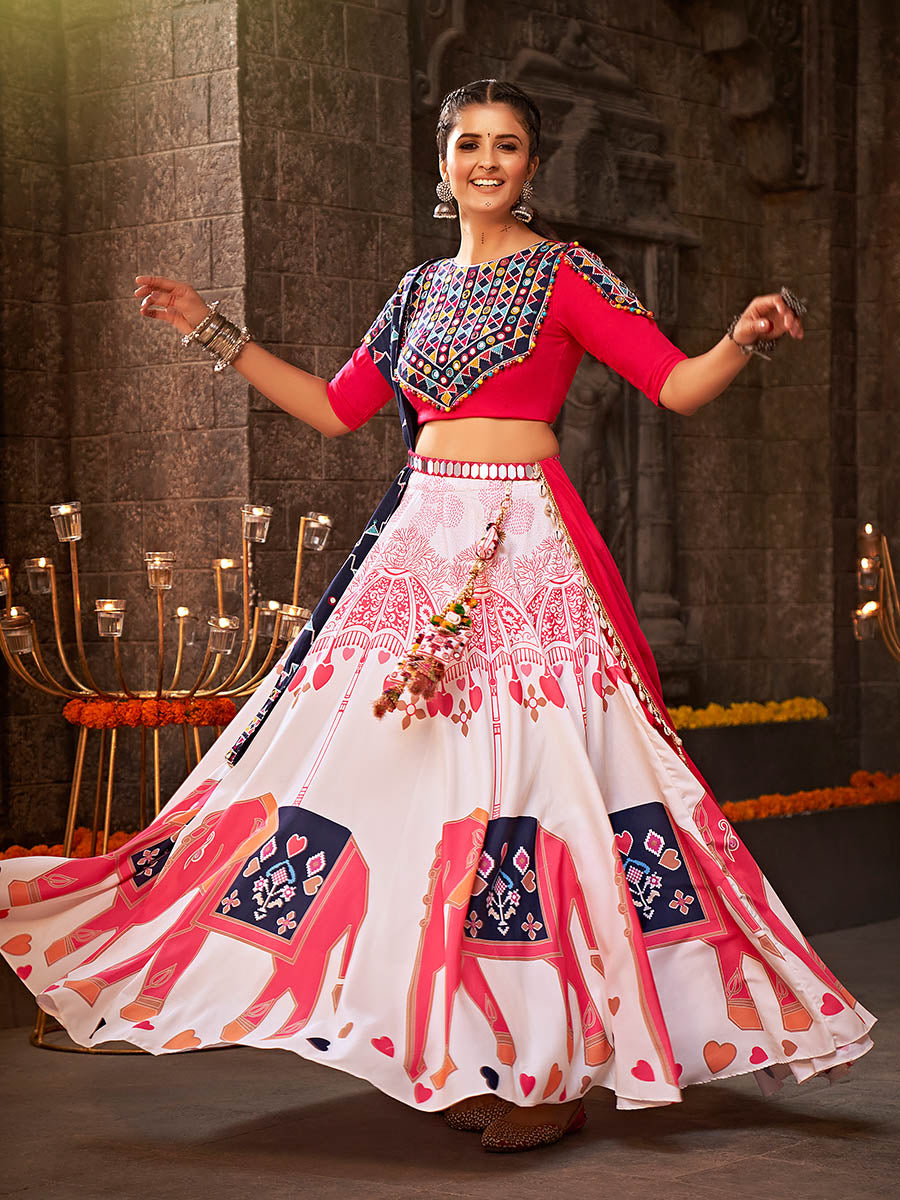 White Rayon Embroidered Designer Navratri Special Lehenga