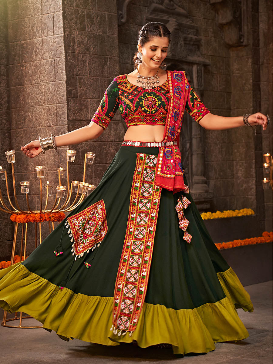 Green Viscose Rayon Embroidered Designer Navratri Special Lehenga