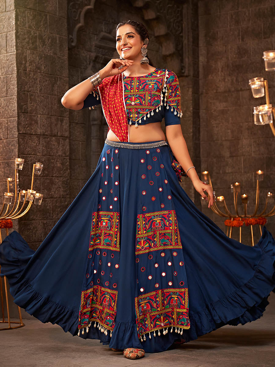 Blue Viscose Rayon Embroidered Designer Navratri Special Lehenga