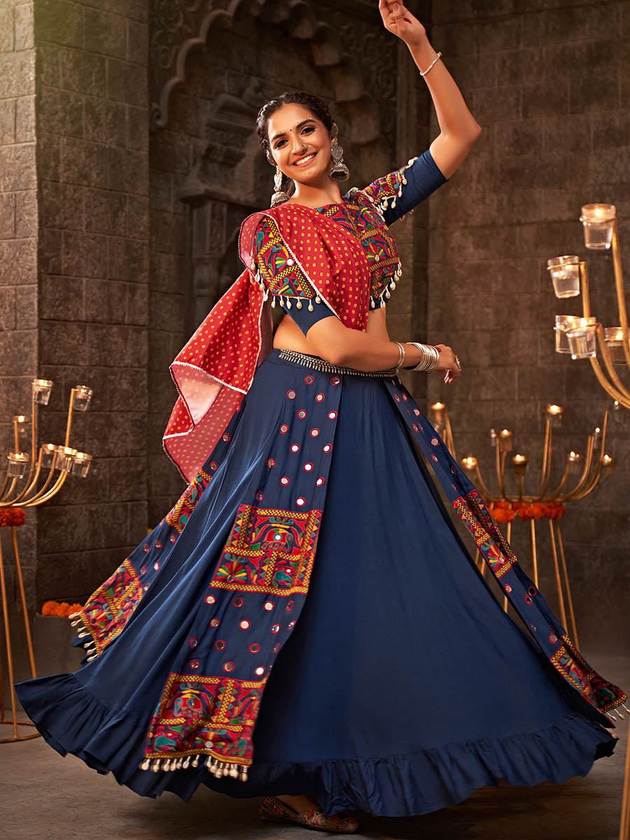 Blue Viscose Rayon Embroidered Designer Navratri Special Lehenga