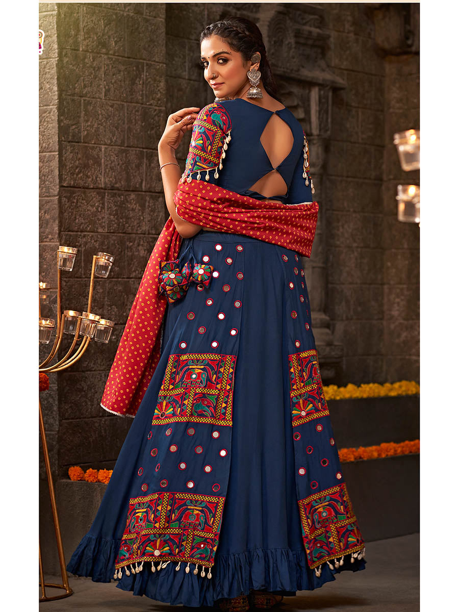 Blue Viscose Rayon Embroidered Designer Navratri Special Lehenga