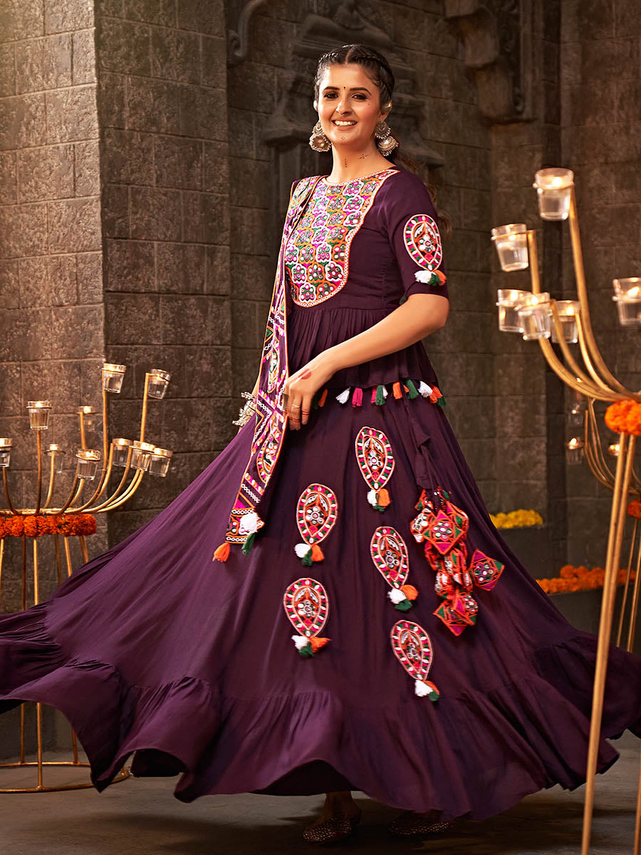 Purple Viscose Rayon Embroidered Designer Navratri Special Lehenga