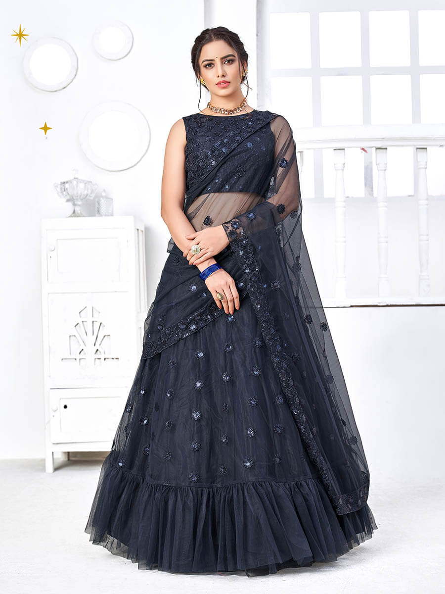 Navy Blue Net Embroidered Designer Lehenga