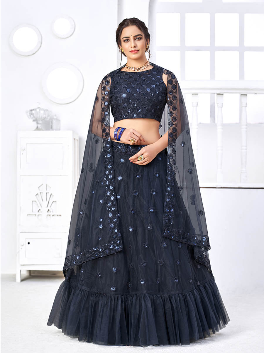 Navy Blue Net Embroidered Designer Lehenga