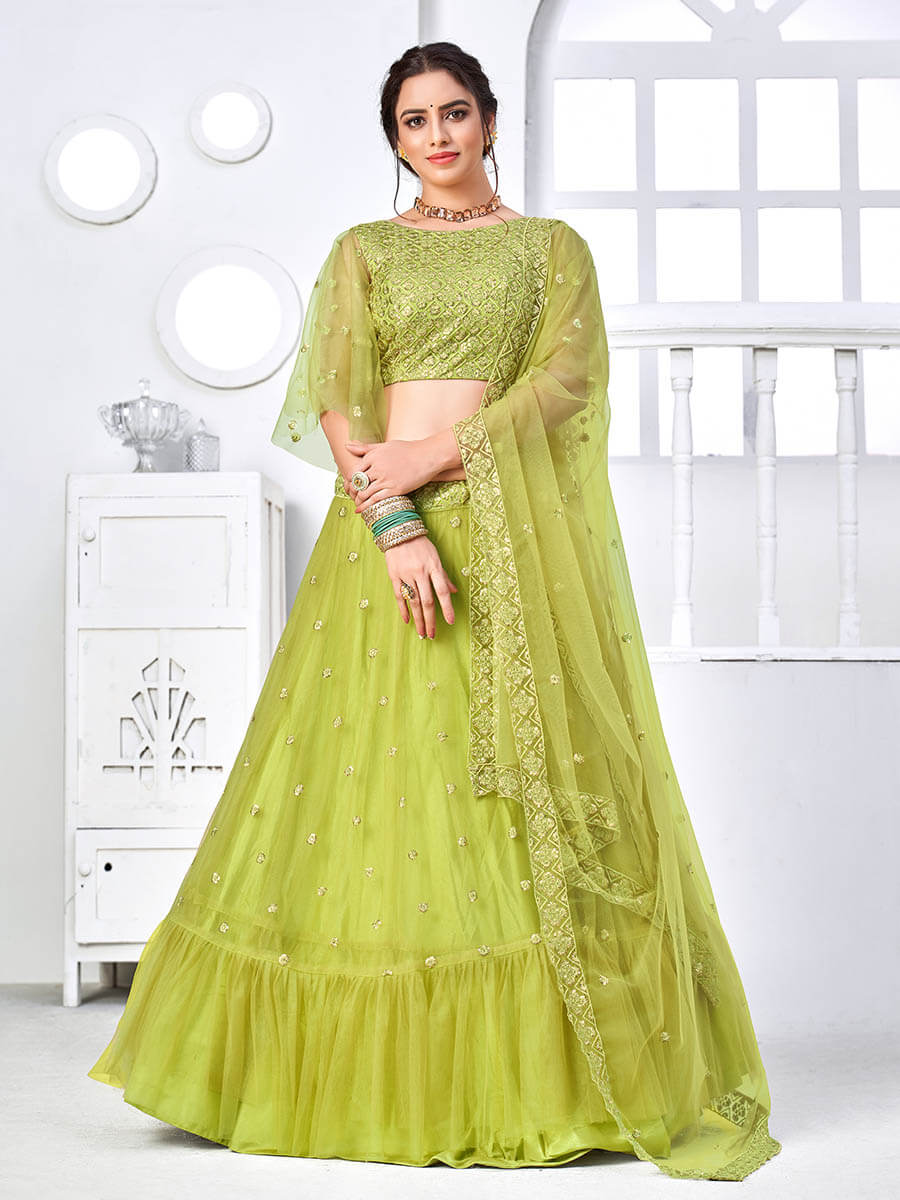 Flurorescent Green Net Embroidered Designer Lehenga