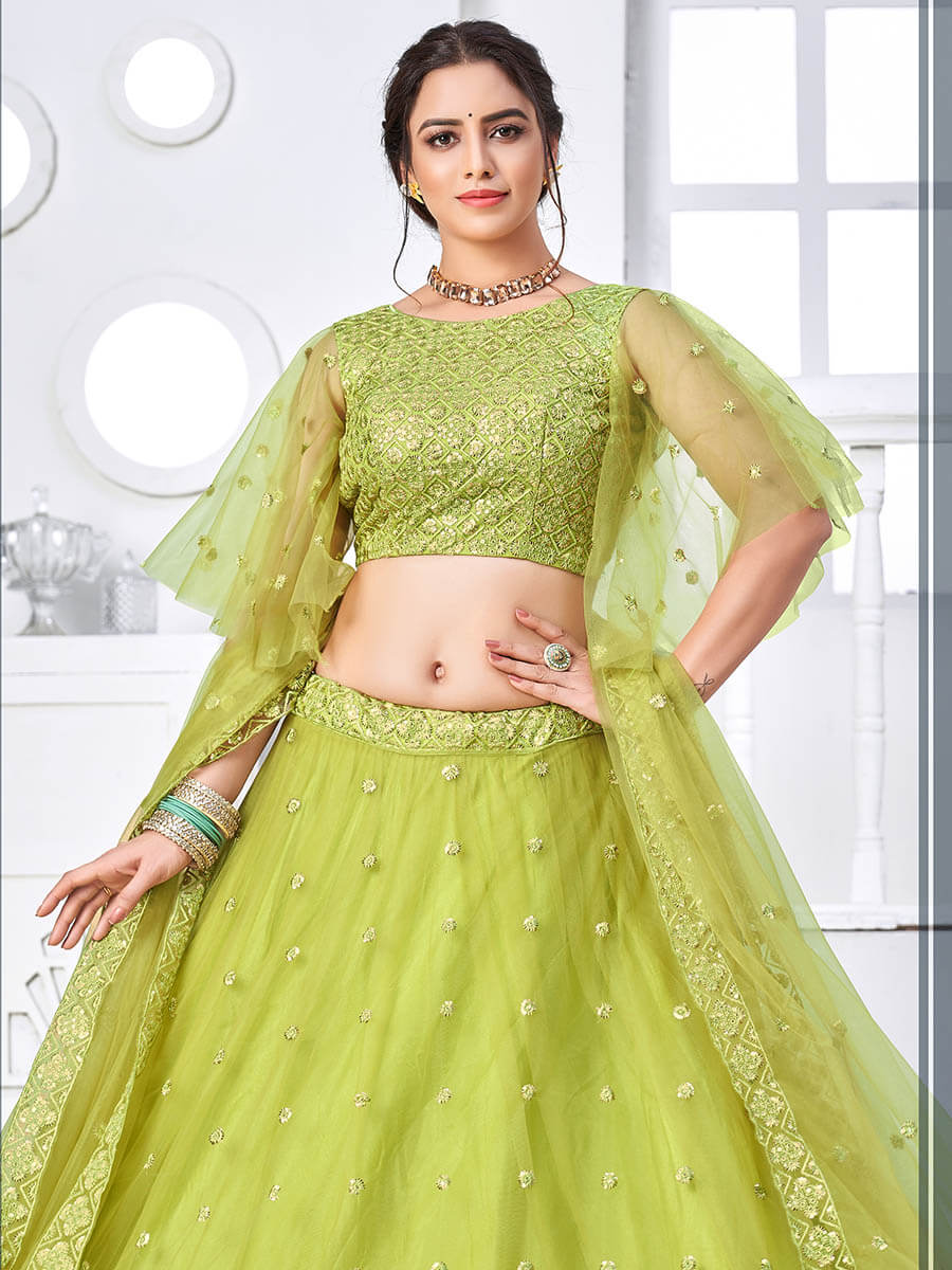 Flurorescent Green Net Embroidered Designer Lehenga