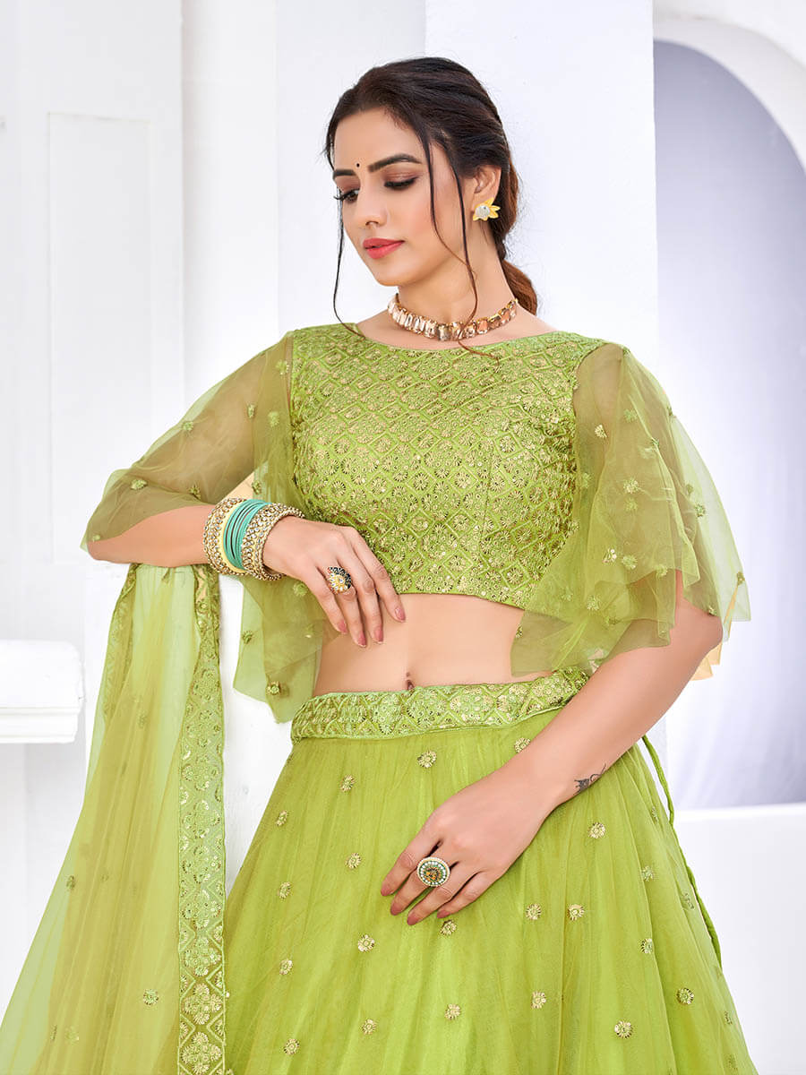 Flurorescent Green Net Embroidered Designer Lehenga