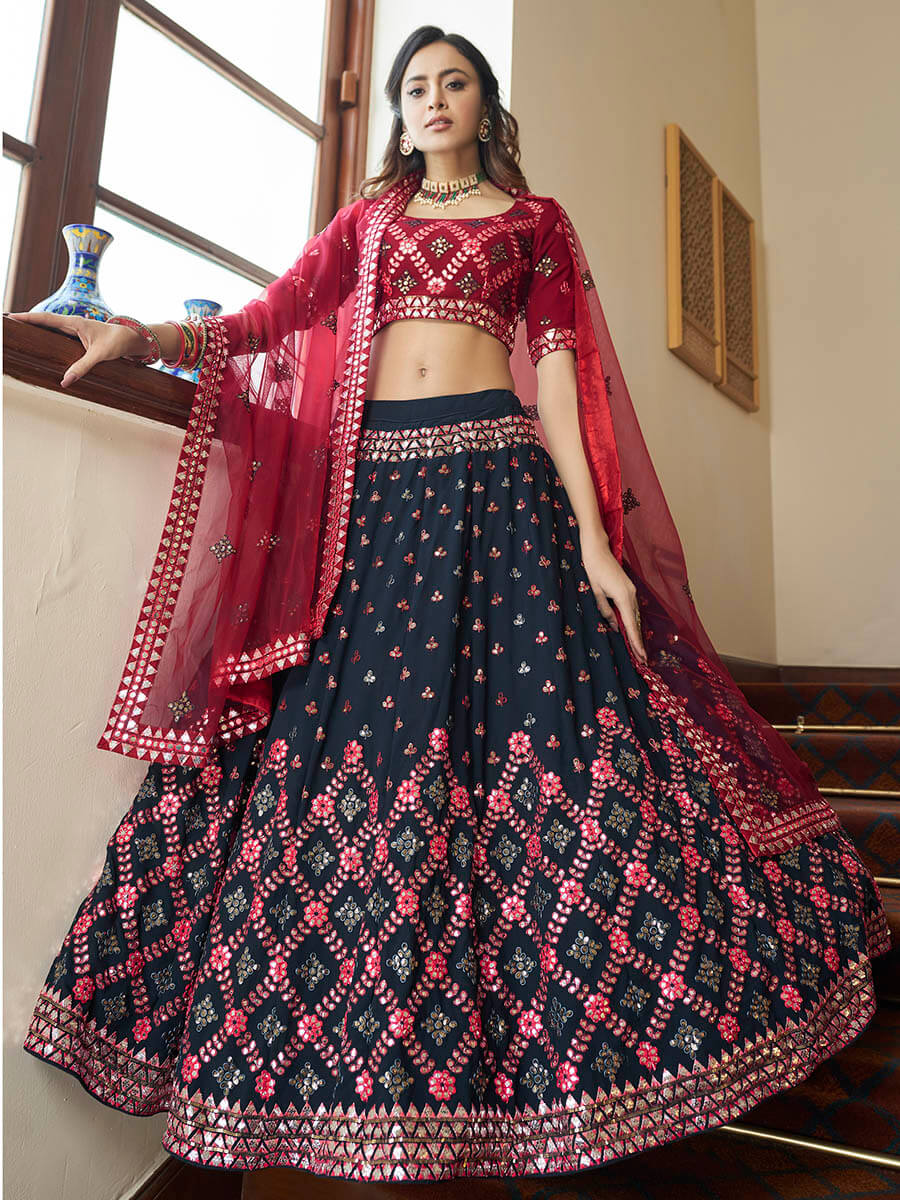 Teal Blue and Maroon Georgette Embroidered Party Wear Lehenga