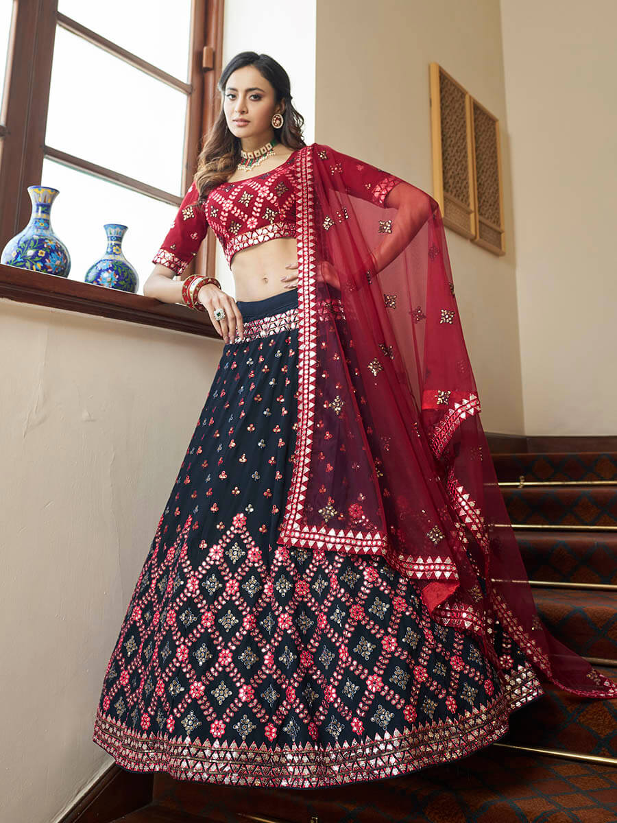 Teal Blue and Maroon Georgette Embroidered Party Wear Lehenga