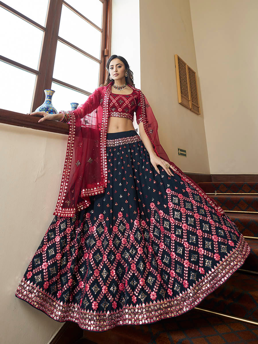 Teal Blue and Maroon Georgette Embroidered Party Wear Lehenga