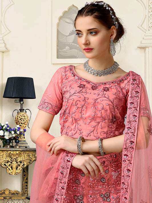 डस्टी पिंक नेट हैवी एम्ब्रॉयडरी लहंगा चोली