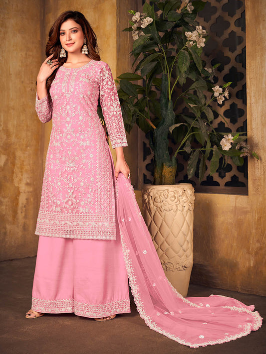 Baby Pink Net Embroidered Palazzo Suit