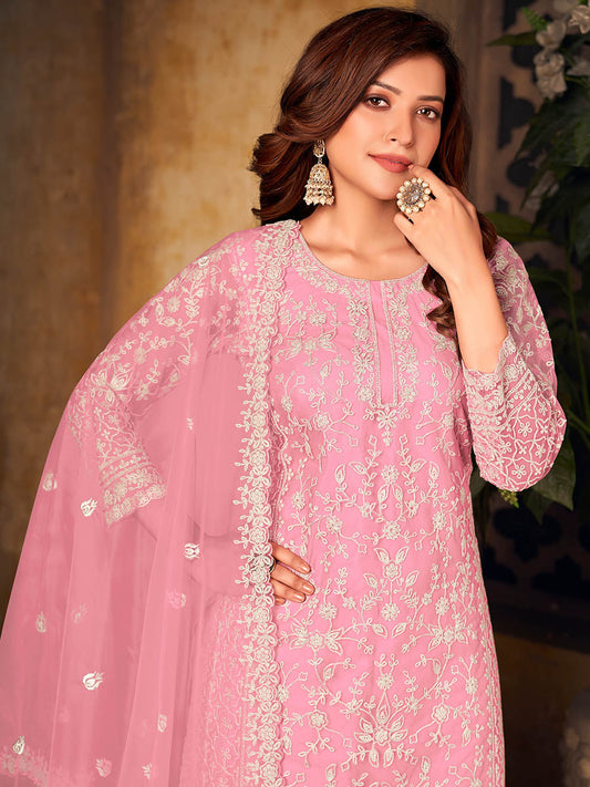 Baby Pink Net Embroidered Palazzo Suit