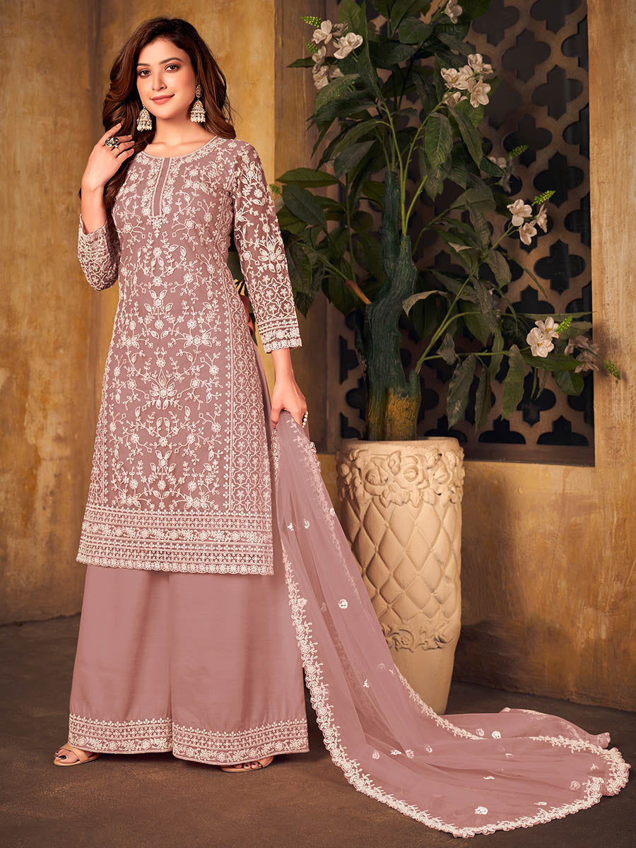 Dusty Pink Net Embroidered Palazzo Suit