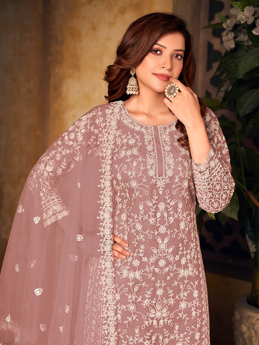 Dusty Pink Net Embroidered Palazzo Suit