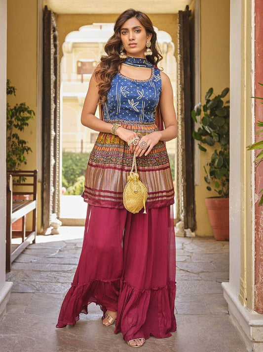 Multicolour pure gajji Sharara Suit