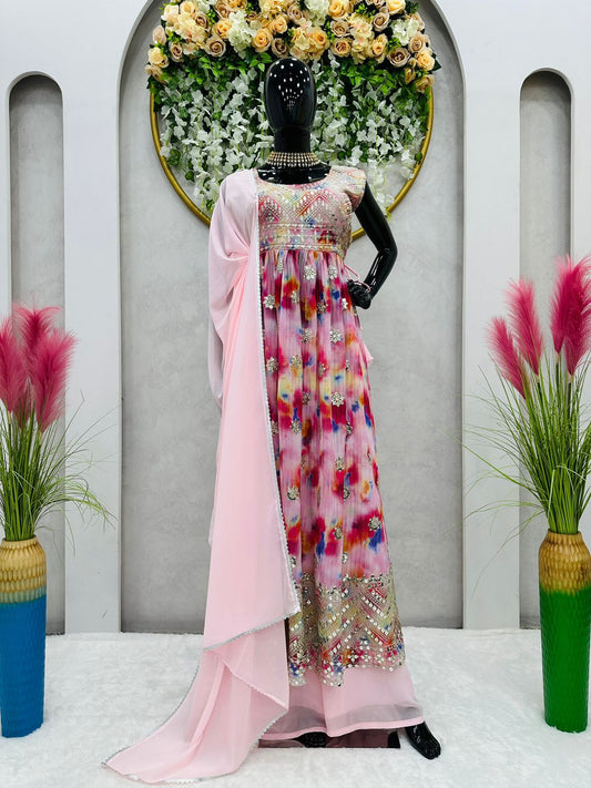 अद्वितीय डिजाइनर जॉर्जेट मुद्रित कार्य गाउन