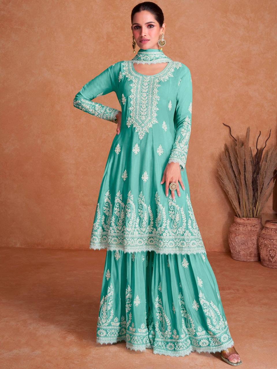 Aqua Green Embellished Chinon Zari Stitched Palazzo Suit Set