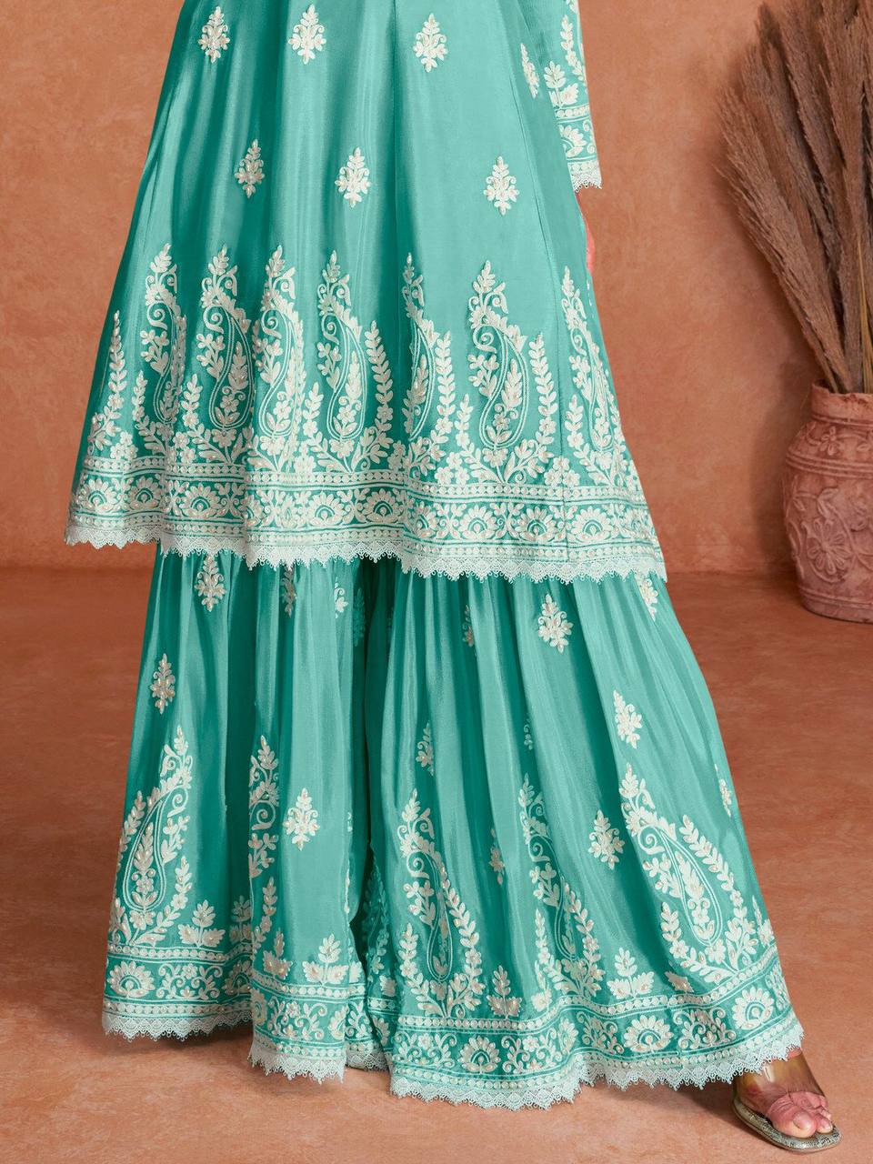 Aqua Green Embellished Chinon Zari Stitched Palazzo Suit Set