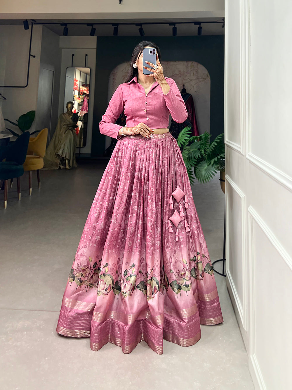 Baby Pink Color Floral Print With Sequins And Zari Border Dola Silk Co-ord Set Lehenga Choli