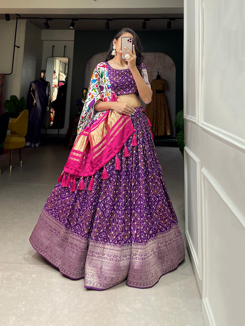 Purple Color Printed With Zari Weaving Work Viscose Dola Silk Lehenga Choli