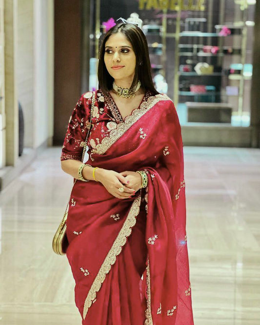 ऑर्गेंज़ा बैंगलोरी सिल्क कढ़ाई वर्क साड़ी