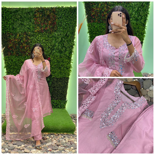 Real Mirror Work Organza Silk Stitched Shalwar Suit