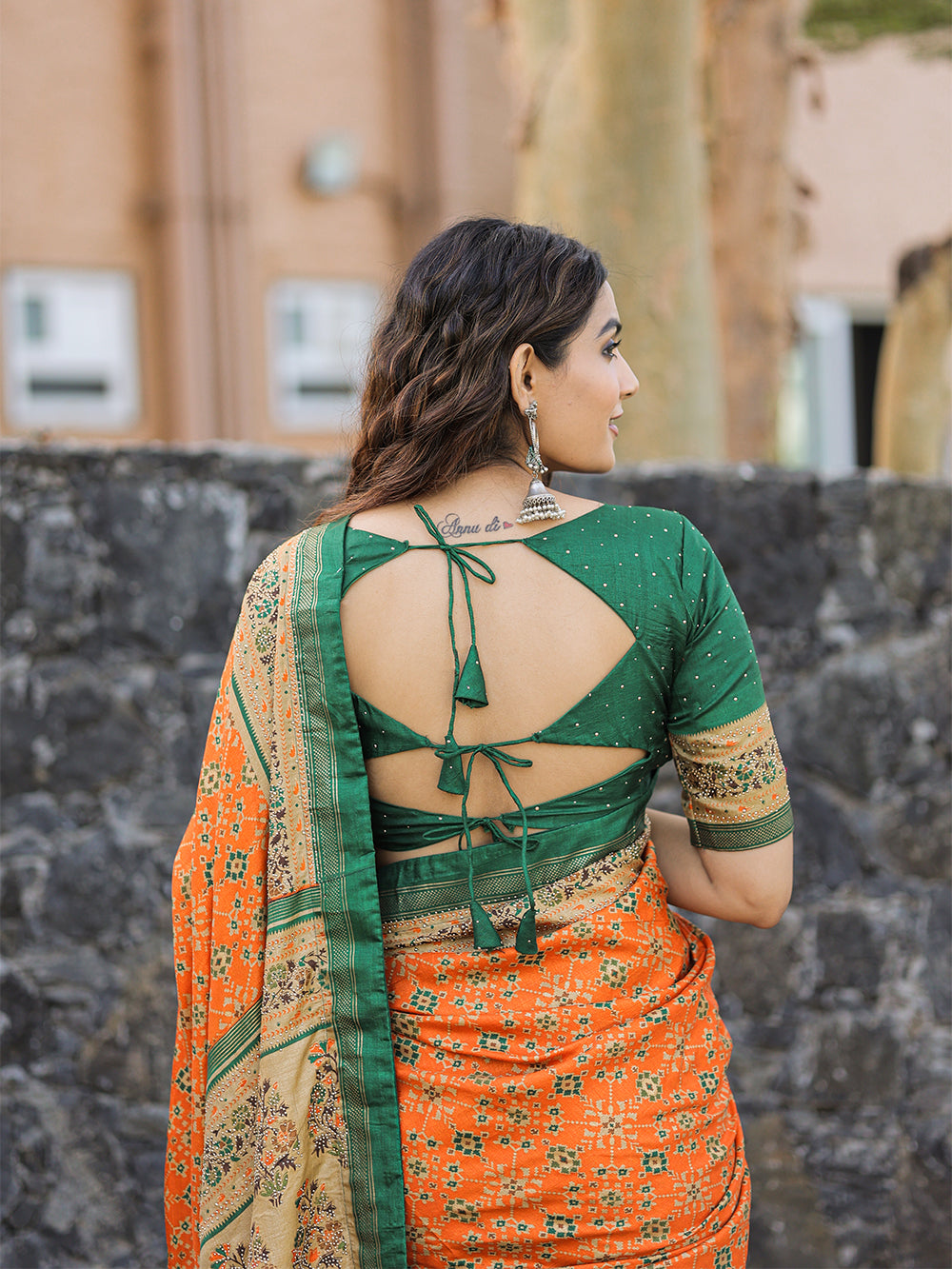 Orange Color Foil Printed And Stone Work Dola Silk Saree