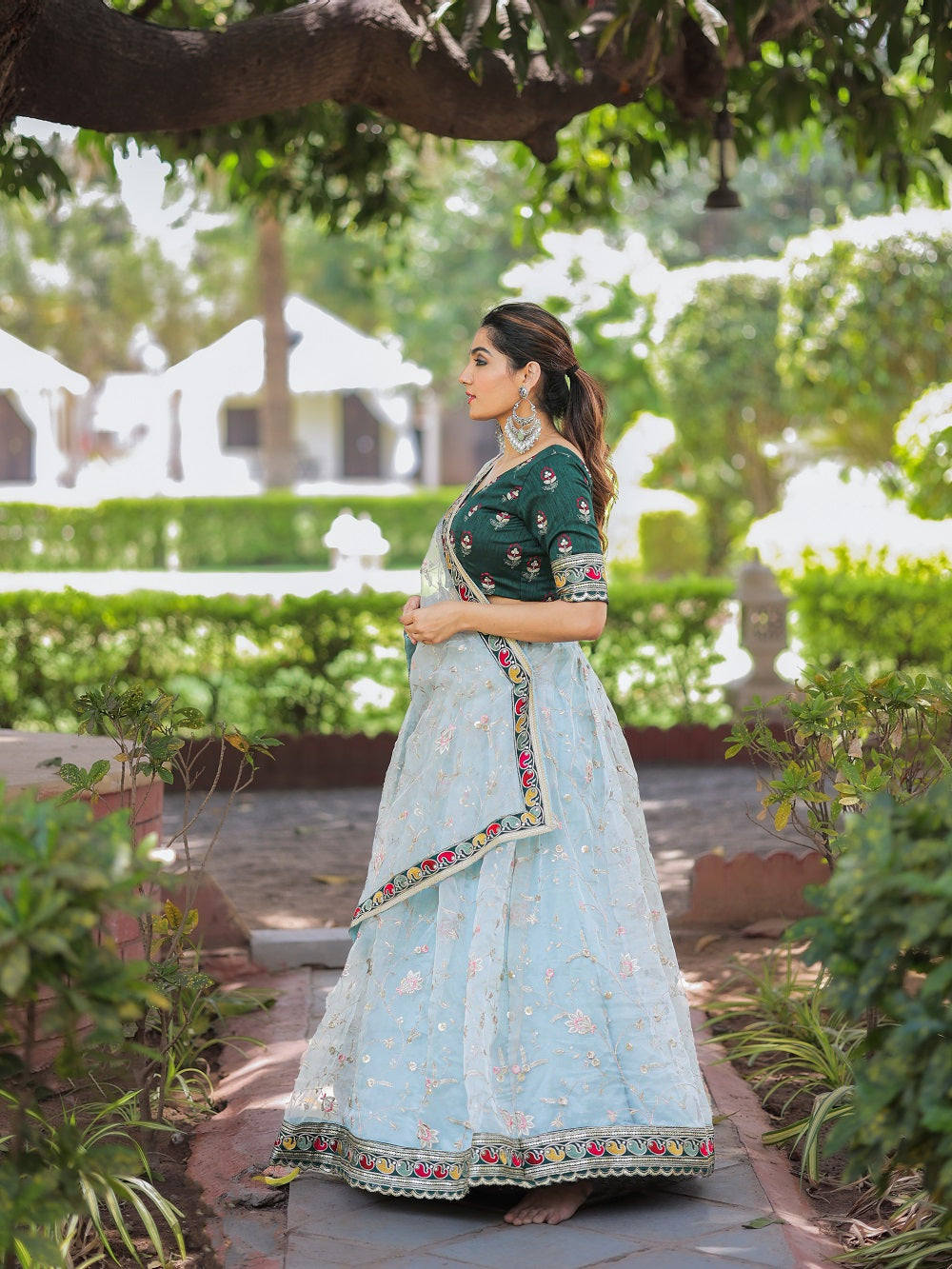 Sky Blue Color Thread Embroidery Work With Lace Border Organza Lehenga Choli