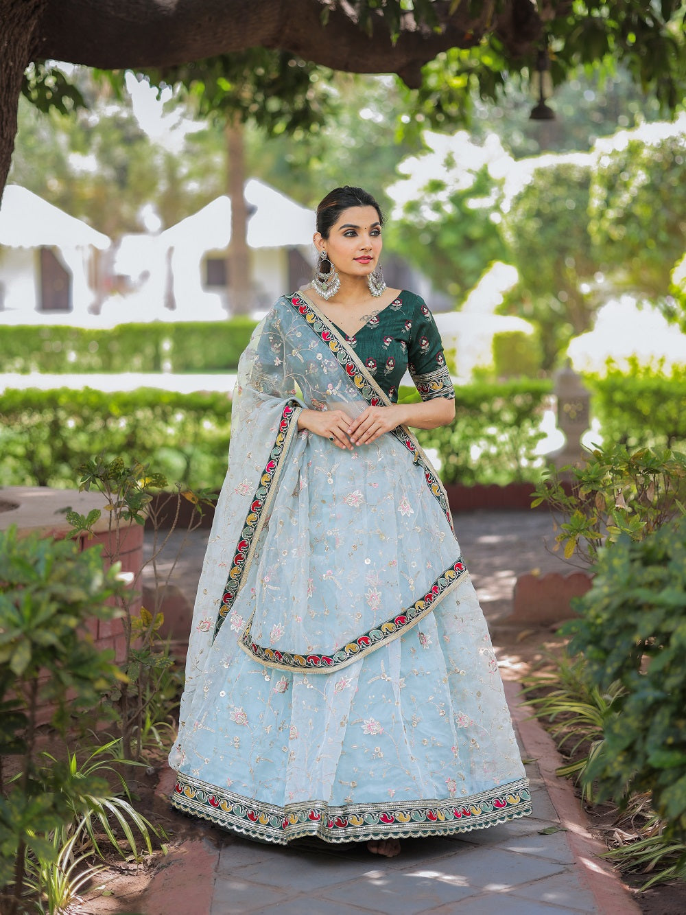 Sky Blue Color Thread Embroidery Work With Lace Border Organza Lehenga Choli