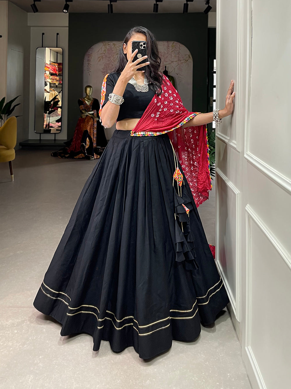 Black Color Plain With Gotta Patti Lace Border Cotton Lehenga Choli