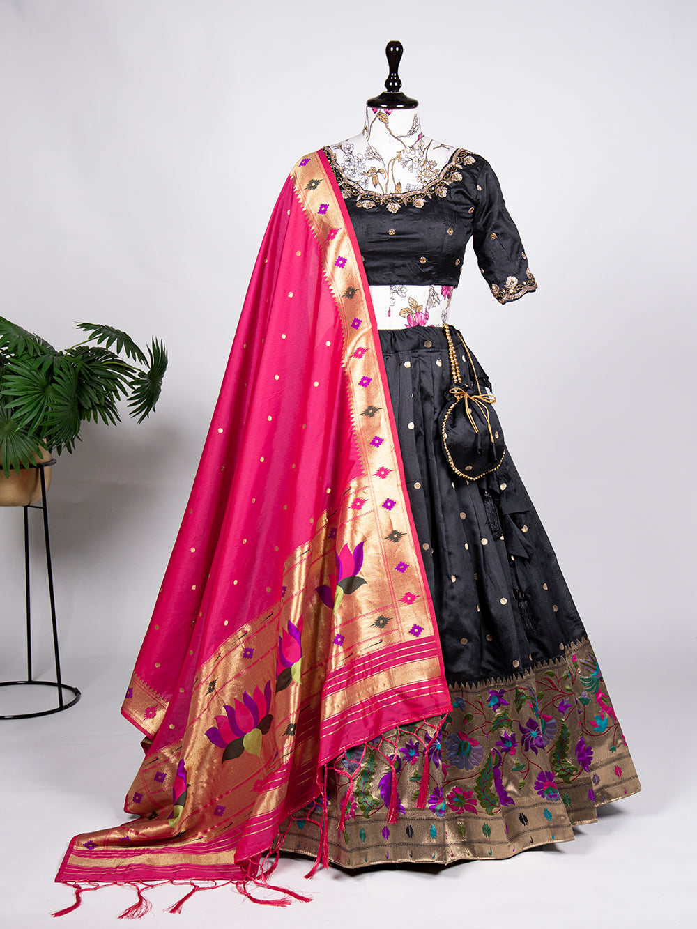 Black Color Weaving Zari Work jacquard Paithani Silk Lehenga Choli