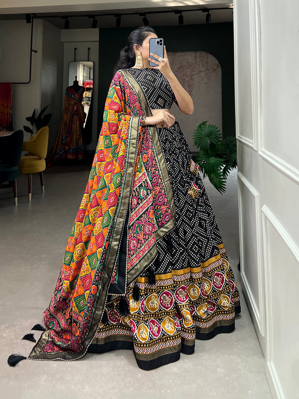 Black Color Bandhej And Patola Print With Foil Work Tussar Silk Lehnga Choli