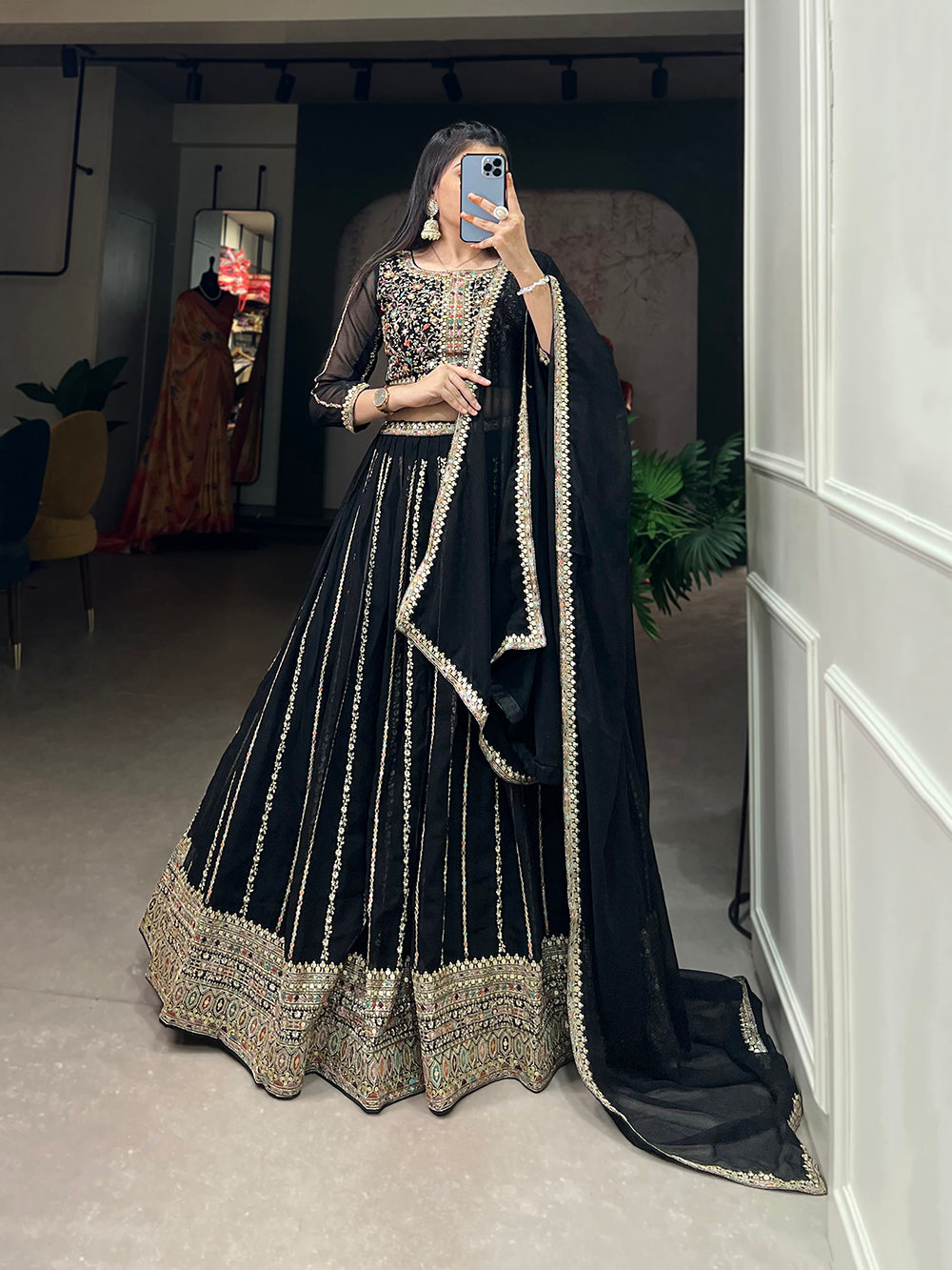 Black Color Sequins And Thread Embroidery Work Georgette Lehenga Choli