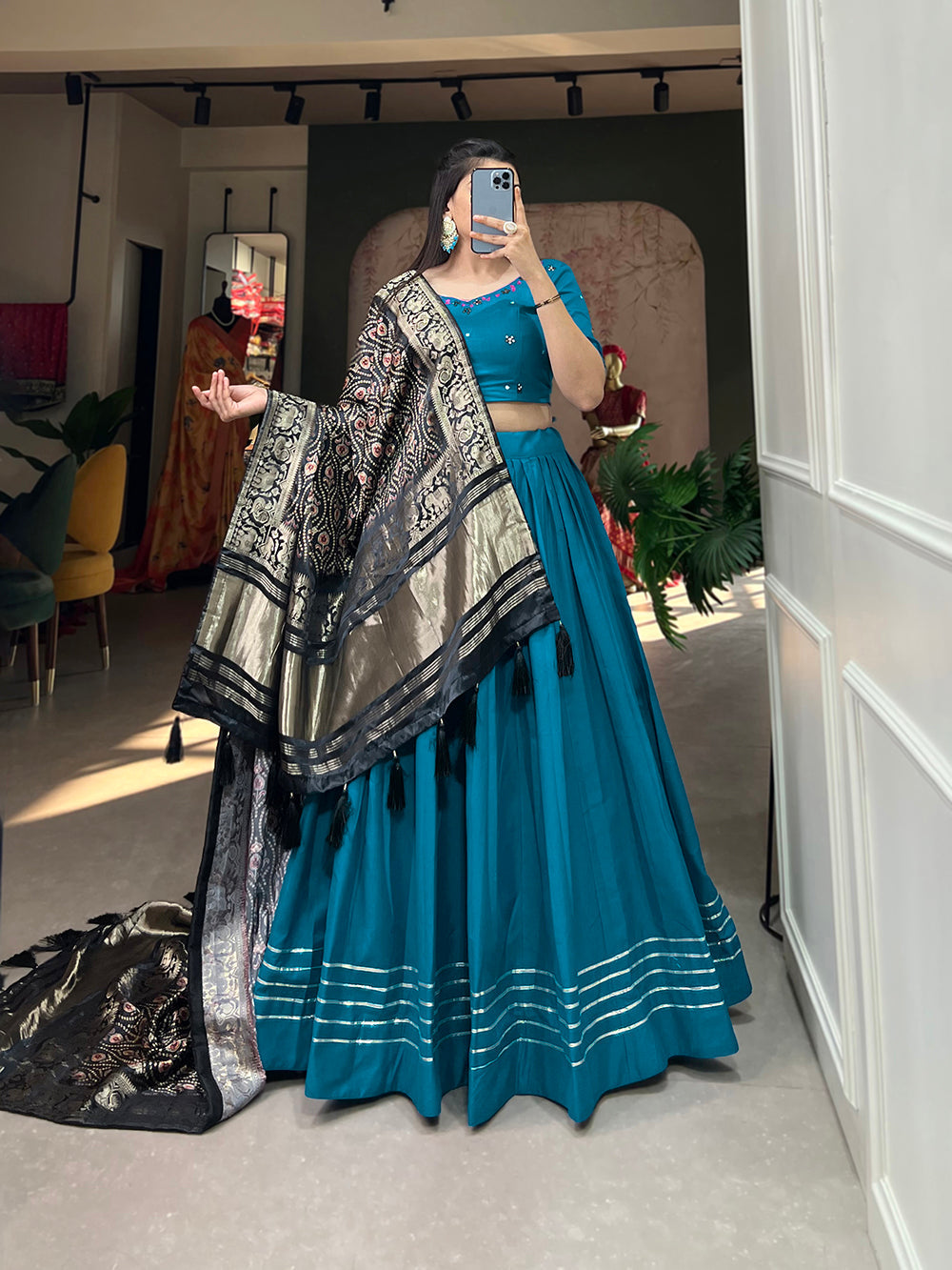 Blue Color Plain With Gota Patti Touch Up Cotton Wedding Lehenga Choli