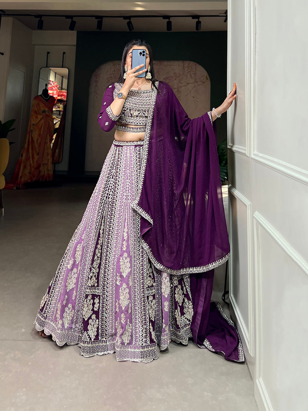 Purple Color Thread Embroidery And Jharkhand Dimound Work Georgette Lehenga Choli