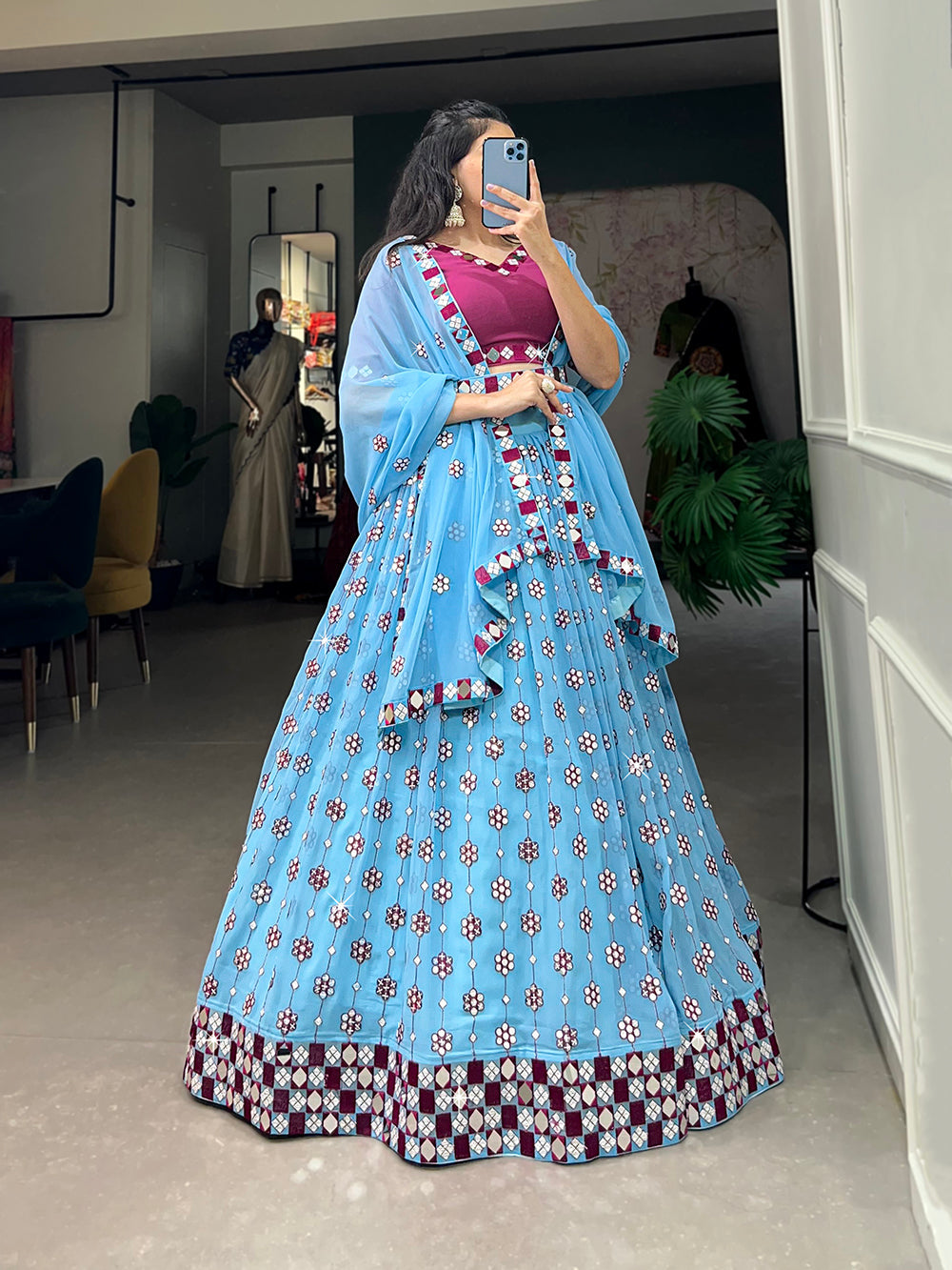 Sky Blue Color Sequins And Embroidery With Original Mirror Work Georgette Lehenga Choli